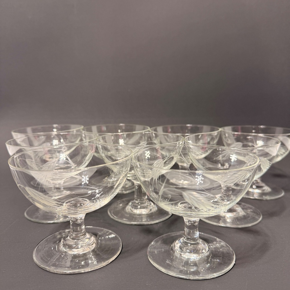 Vintage Etched Wheat Glass Champagne Coupe Sherbet Glasses Set of 9 Clear MCM